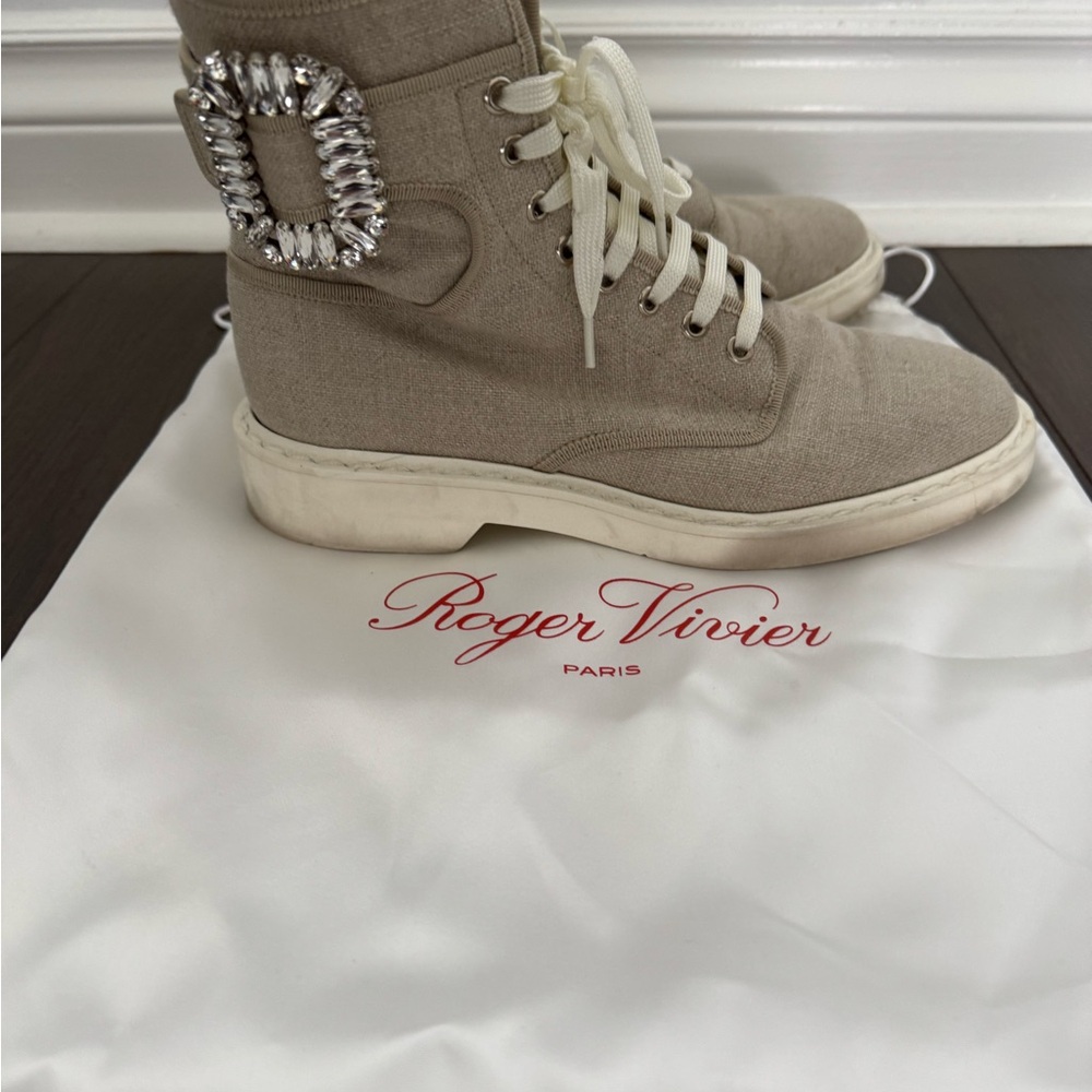 Roger Vivier Cream Combat Boots with Crystal Buckle